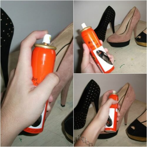spray hairspray onto shoes