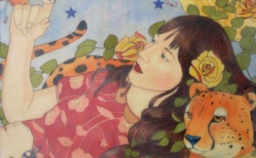 A woman lying on top of a leopard to simbolize people who are different