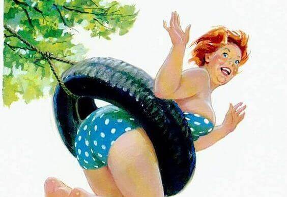 A girl on a tire swing to simbolize people who are different