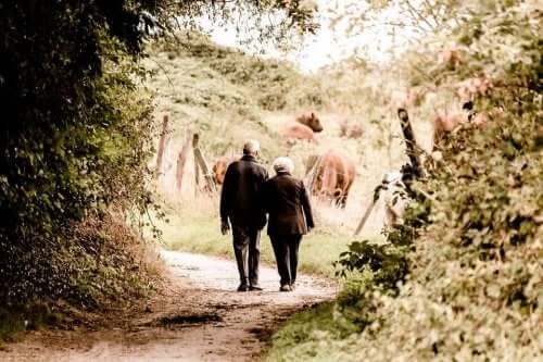 Grandparents walking down a path holding hands.