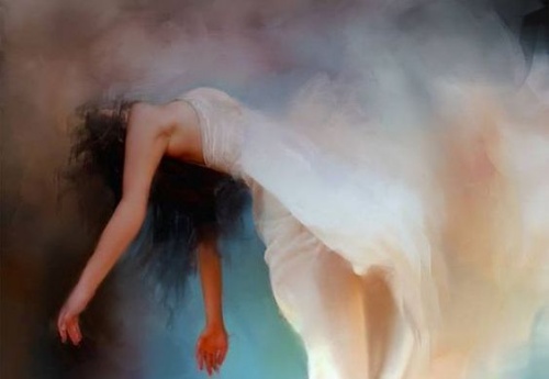 Abused women woman in white dress floating into the clouds weak