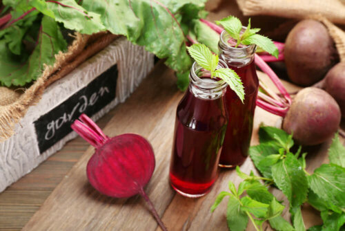 diet shake with lemon and beet on a table stylized