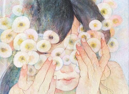 A girl hiding behind flowers.