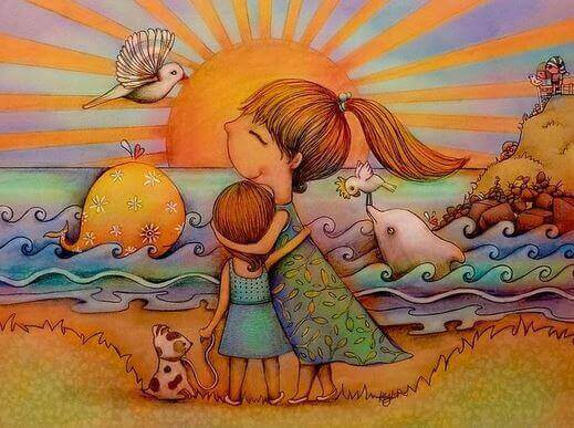 Two little girls doing the apapacho on a beach