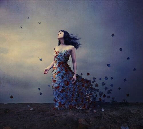 Woman walking drifting slowly with beautiful dress flower petals emotional instability