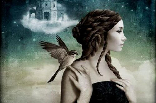 Woman with bird on shoulder depressed dreaming of something better emotional instability