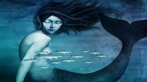 Blue sad mermaid floating in sea with fish emotional instability