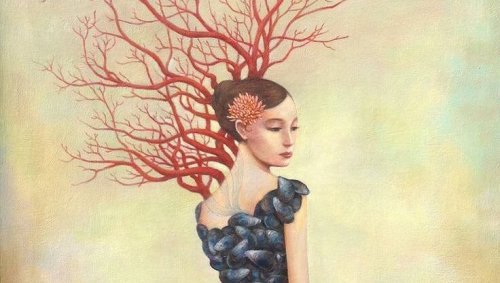 Illustration of roots flowing from woman feel alone