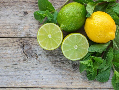 Two slices of lemon next to two whole lemons