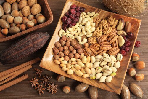 A plate with a variety of nuts
