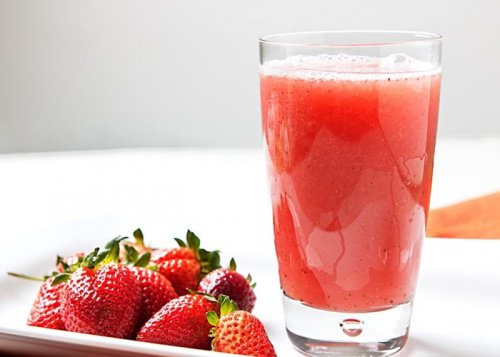 A glass of strawberry juice.