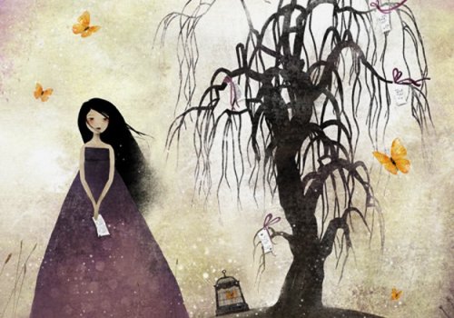 Sad girl and black tree