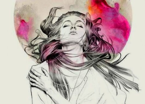 Illustration woman in orb of colours and thoughts your subconscious is powerful