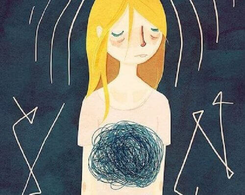 Illustration blond girl abdomen cloudy sad