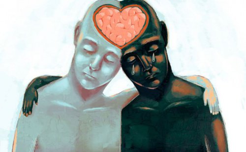 emotional intelligent - zwei Menschen mit einem verbundenen Gehirn in Herzform