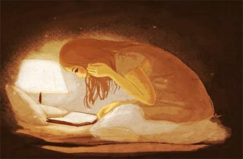 Illustration of woman reading in bed with light writing heals