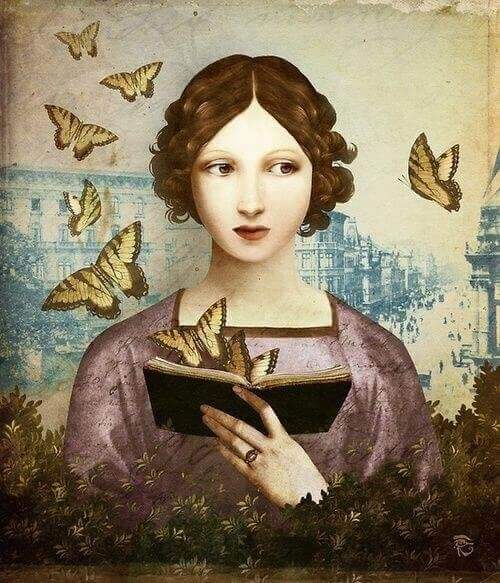 Illustration of woman butterflies book