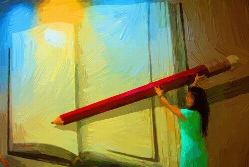 Illustration of woman drawing with a giant pencil writing heals