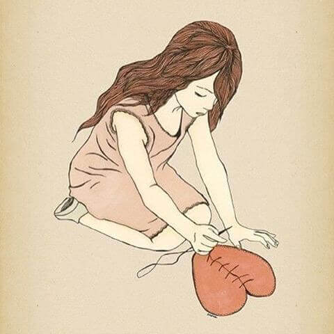 A wounded woman sowing a heart.