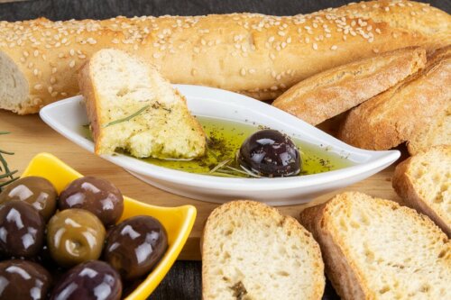 A loaf of bread and olive oil.