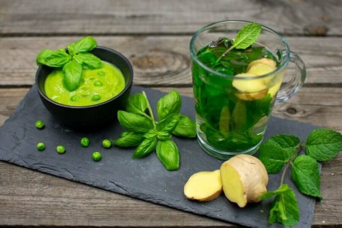 An array of green dishes and some ginger.