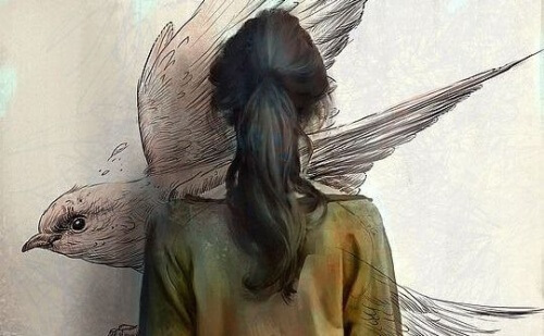 A woman facing a picture of a bird.