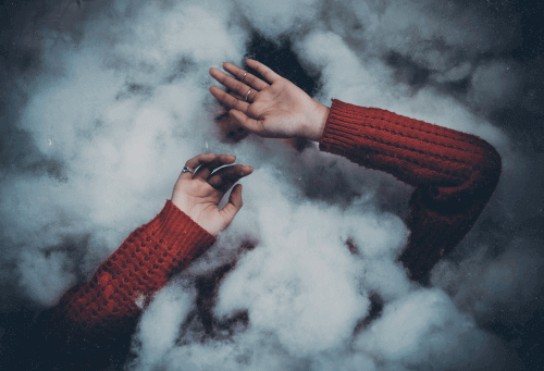 Red sweater woman lost in clouds broken ones
