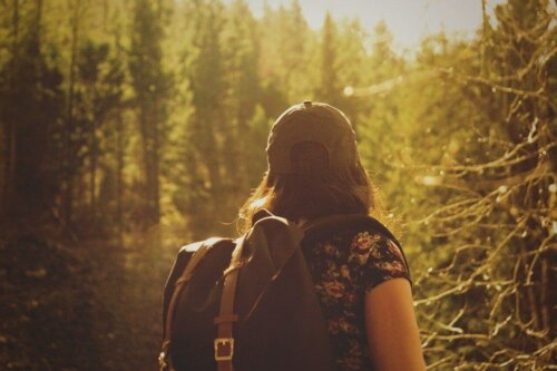A woman hiking.