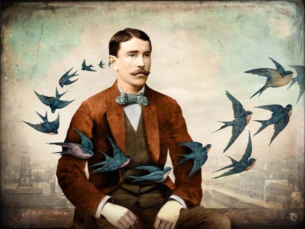 A man with birds flying out of his ear.