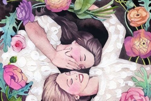 Two women lying down laughing