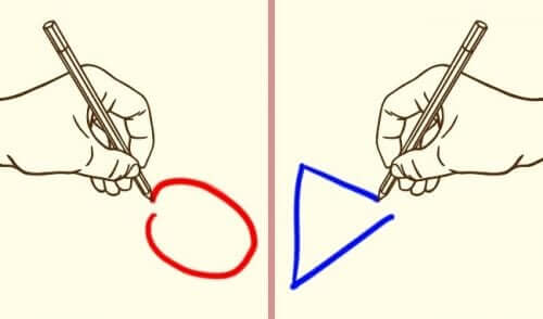 Two hands drawing different shapes.