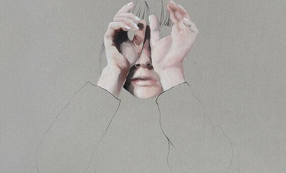 Painting of a person covering their face.