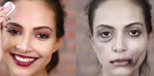 A woman using makeup to cover up abuse.
