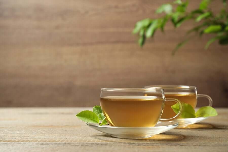 Two cups of plain green tea.