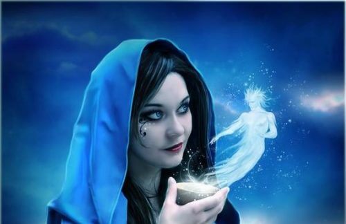Sinister woman performing rituals.