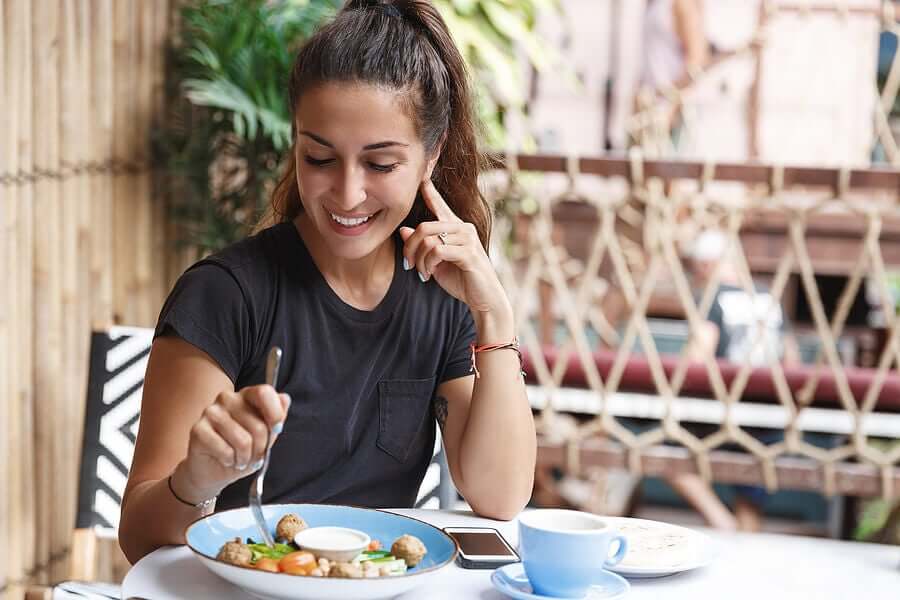 A girl eating healthy food.