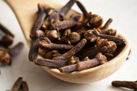 Cloves on a wooden spoon.