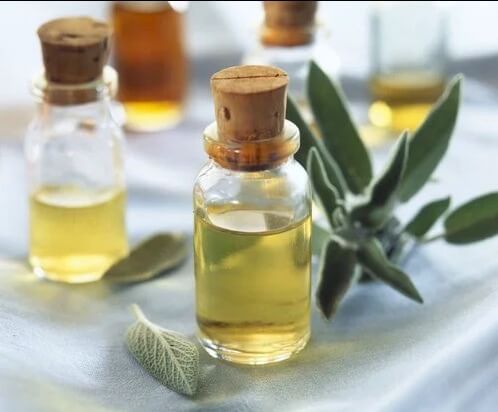 Bottles of sage essential oil.