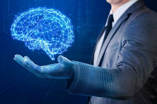 Man with digital brain.