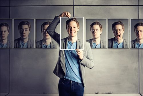 Man with different emotions in photos.