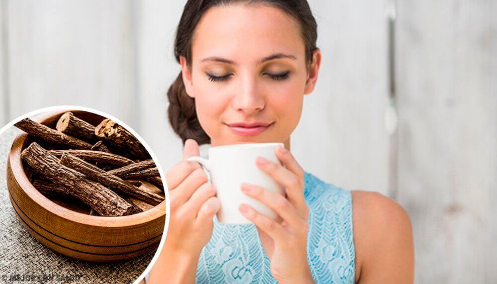 A woman with a cup of tea and some licorice root to help with the craving to smoke.