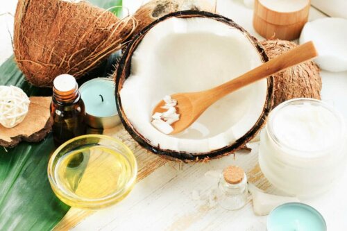 A carved coconut and some oil.