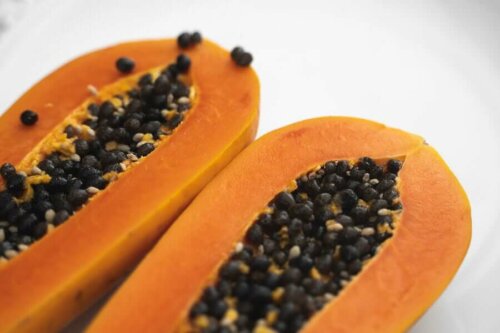 A halved papaya.