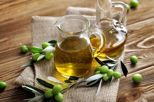 A pitcher of olive oil.