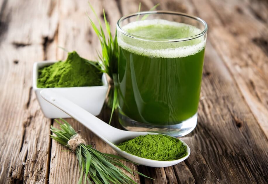 A glass of green juice.