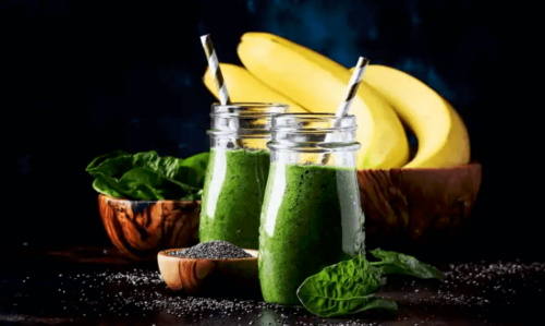 Two spinach shakes and bananas.