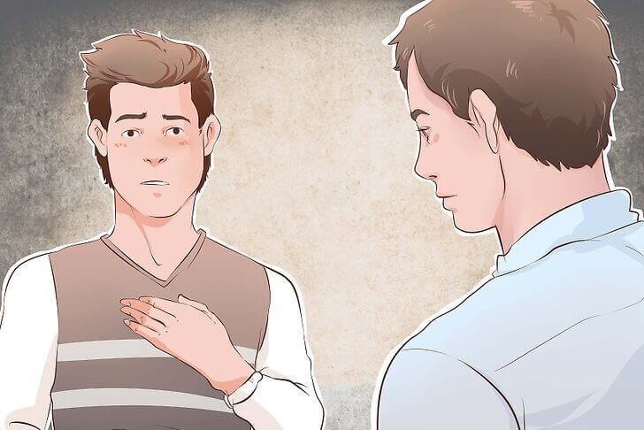 two men having a conversation, embarrassed