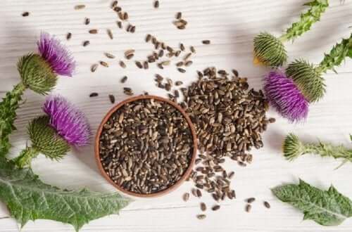 A bowl with milk thistle seeds and flowers.