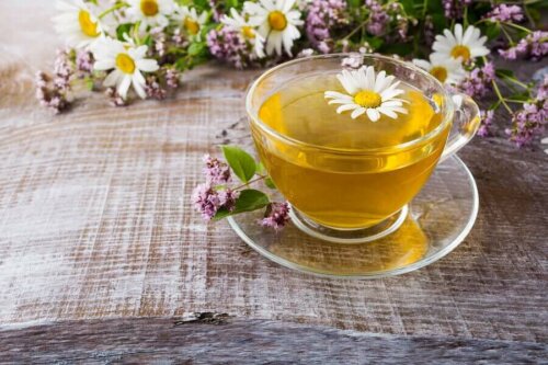 A cup of chamomile tea which helps get rid of bags under eyes.
