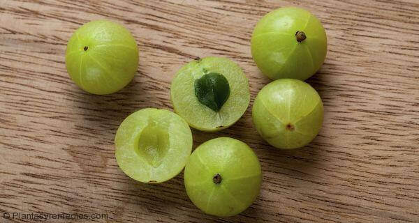 Several gooseberries on a table.